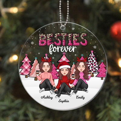 Besties Sisters Pink Leopard Buffalo Plaid Christmas Trees Personalized Acrylic Ornament