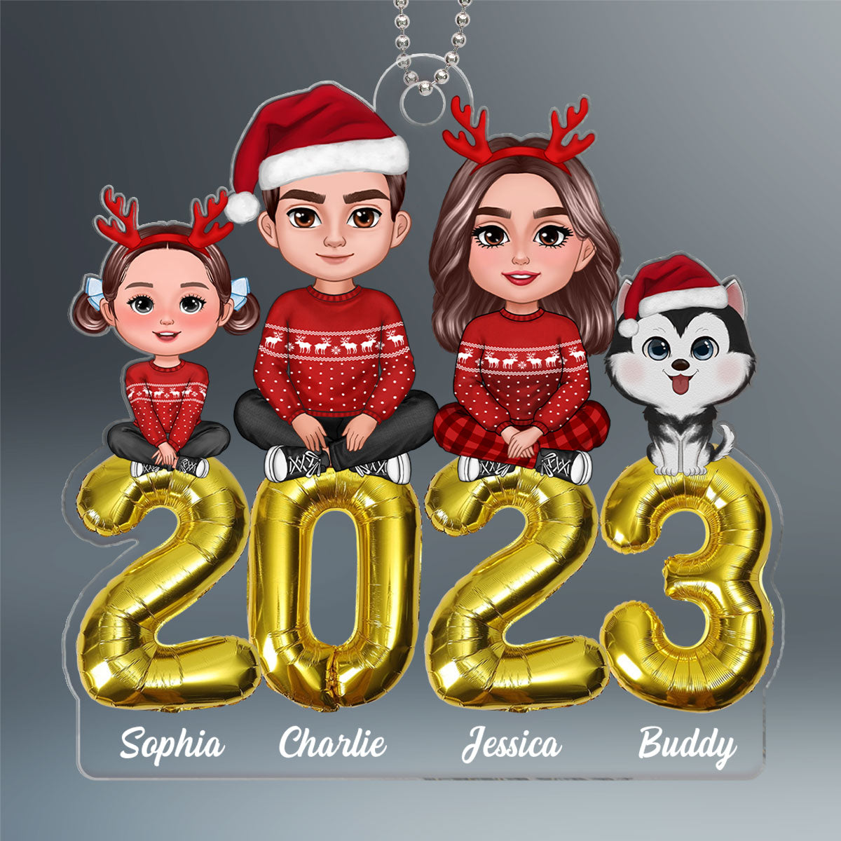Family Sitting Crossed Balloon 2023 Christmas Gift Personalized Acrylic Ornament