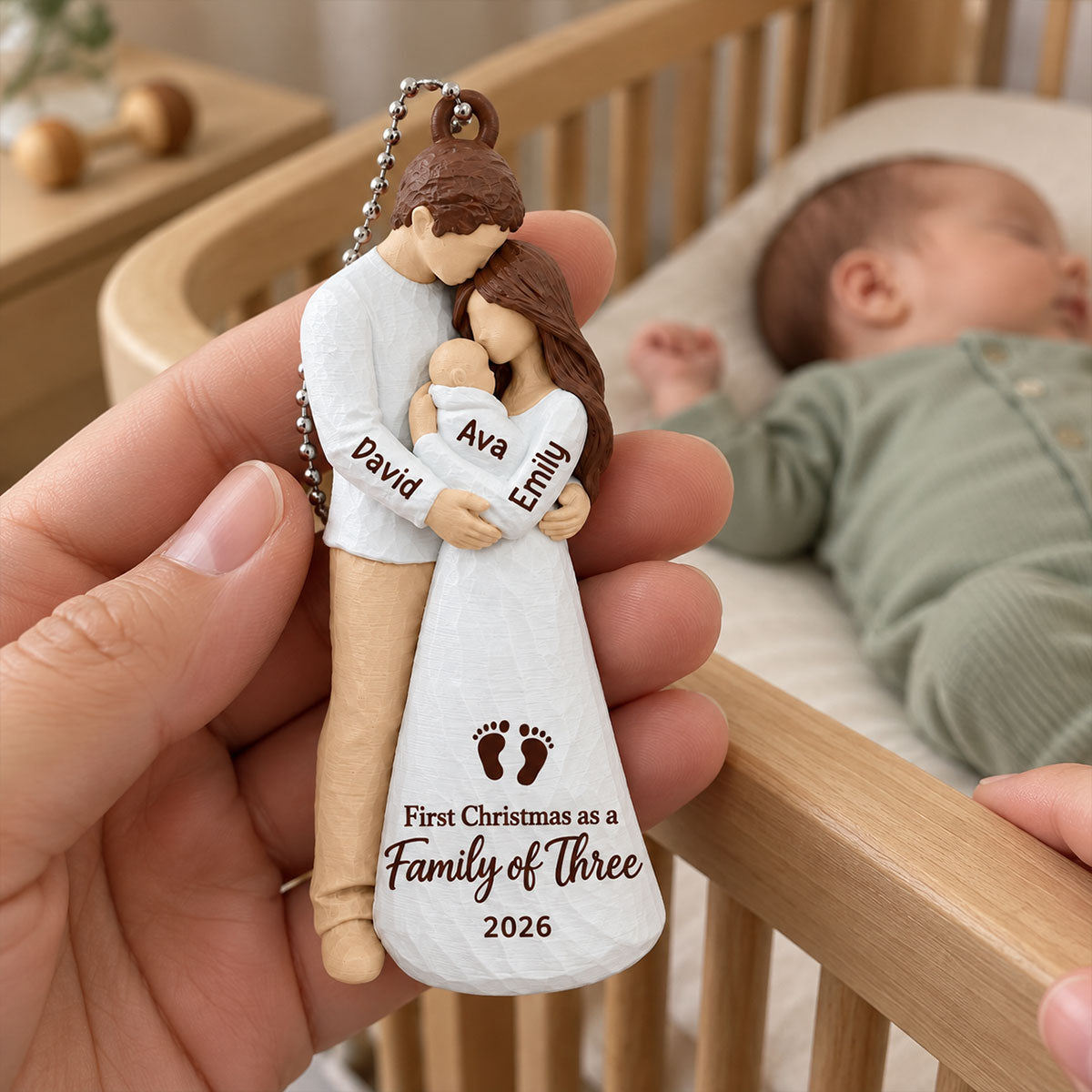 3D Figure First Christmas As Family Of Three - Personalized 3D Printed Ornament - First Christmas Keepsake For New Parents