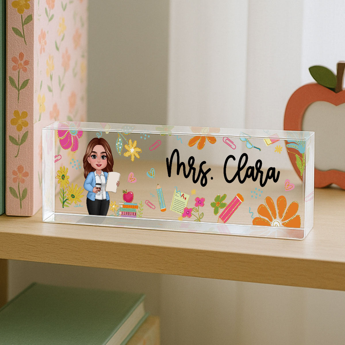Teacher Floral Pattern Personalized Acrylic Desk Name Plate, Back To School Gift For Teacher