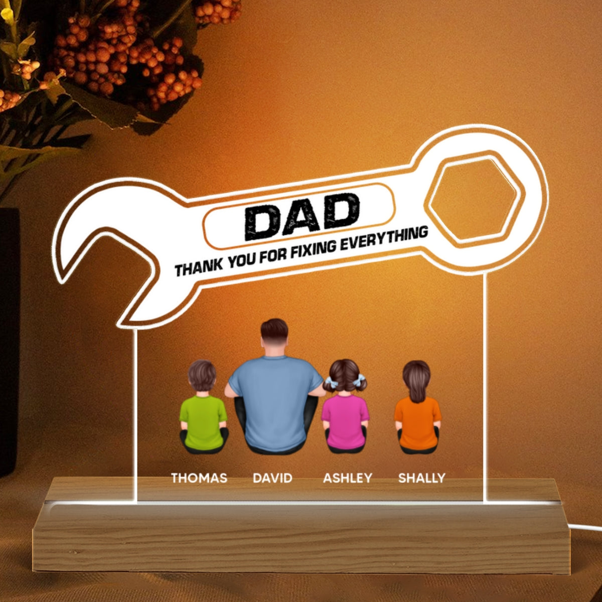 Thanks Dad For Fixing Everything Wrench Shape Back View Man Kids Dog Cat Father‘s Day Gift Personalized Warm Custom Shape Acrylic Plaque LED Night Light