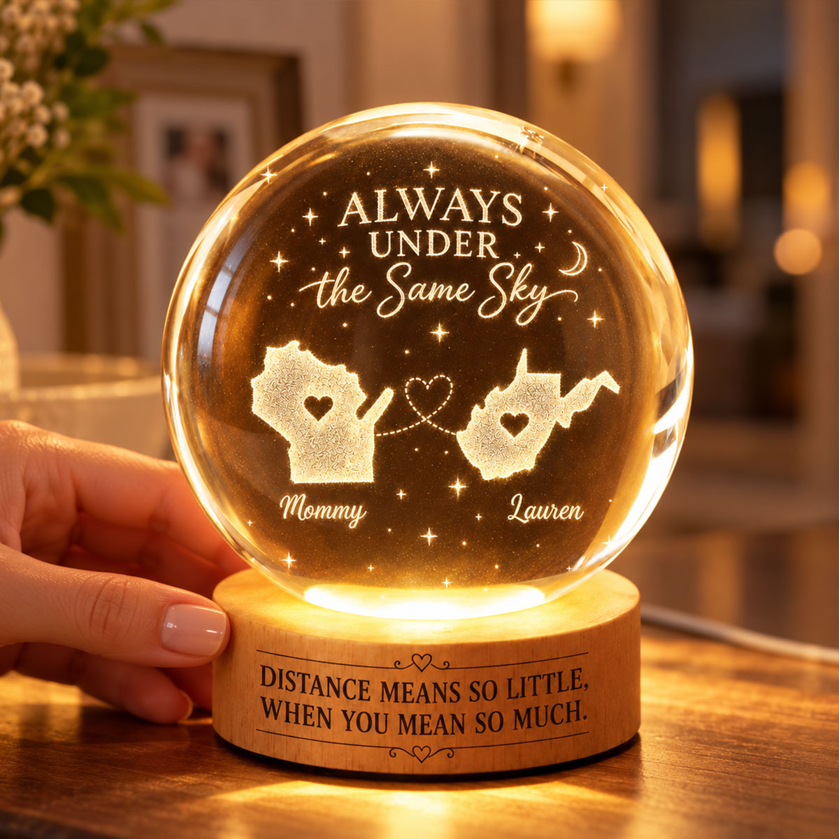 Long Distance Family Custom State Map - Personalized Crystal Ball LED Night Light - Togetherness Christmas Gift for Family