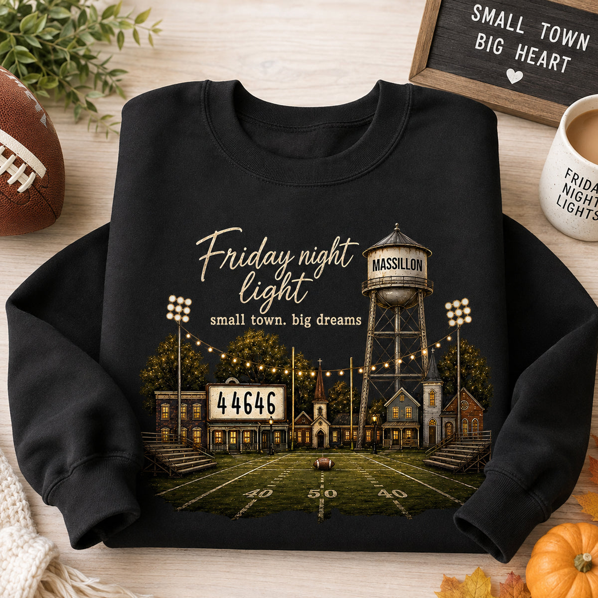 Football Friday Night Light Small Town Big Dreams - Personalized Shirt - Custom Town Name & Zip Code