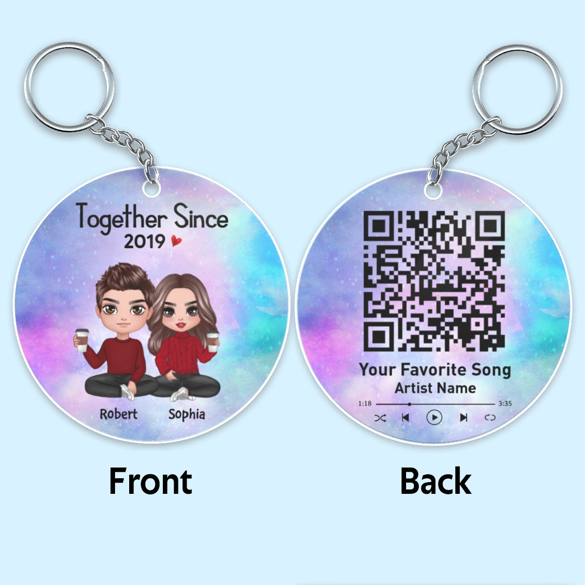 Doll Couple Sitting Together Since Favorite Song Scannable QR Code Personalized Circle Acrylic Keychain