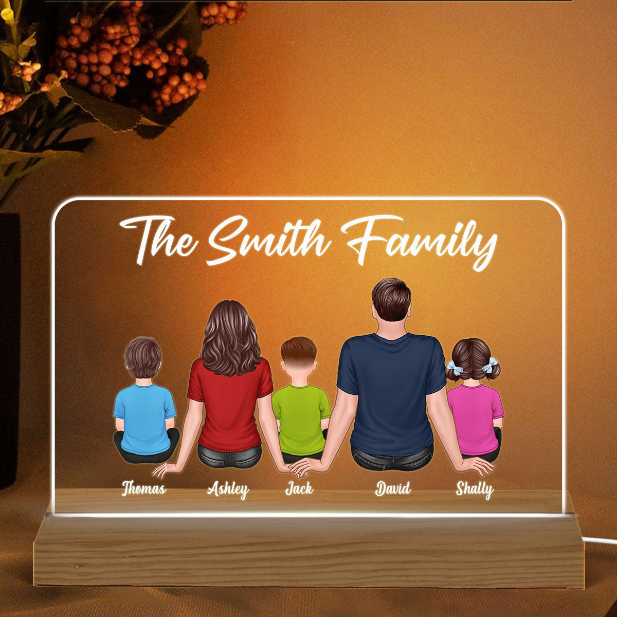 Back View Whole Family Couple Dad Mom Kids Dogs Cats Sitting Personalized Warm Custom Shape Acrylic Plaque LED Night Light