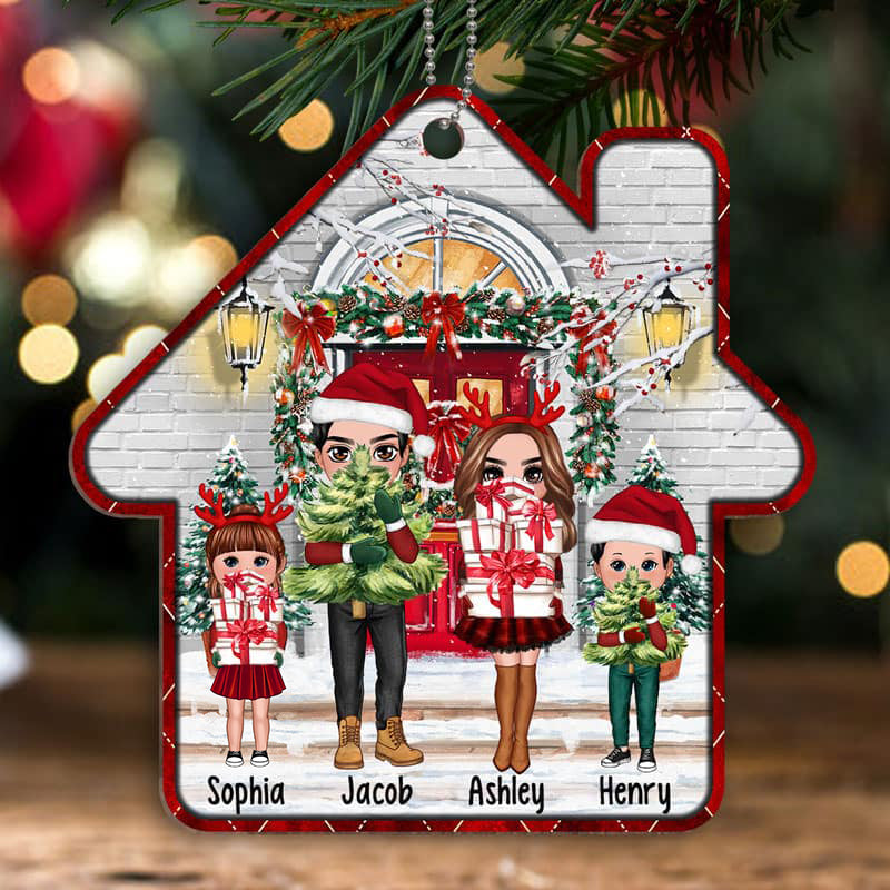 Christmas Pretty Family In Front Porch House Shape Personalized Wooden Ornament