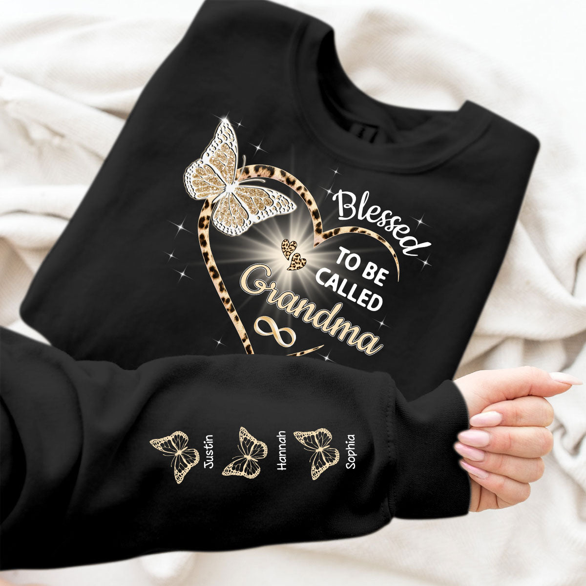 Blessed To Be Called Grandma Butterflies Heart Personalized Sleeve Printed Sweatshirt