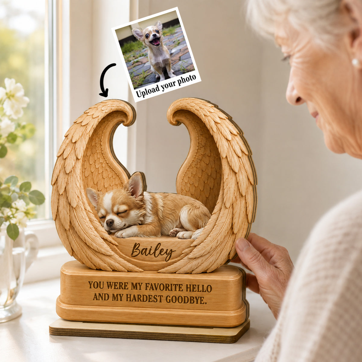 Pet Memorial Custom Photo - Personalized 2-Layered Wooden Plaque - Dog Cat Angel Wing Keepsake, Pet Loss Sympathy Gift