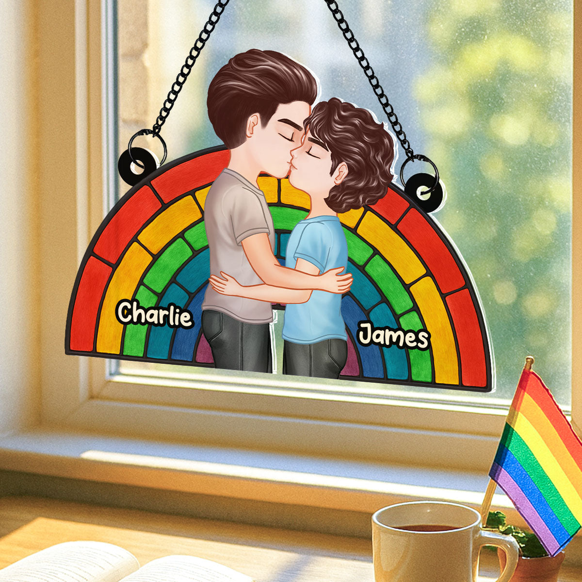 LGBT Flag Rainbow Couple Kissing Personalized Suncatcher