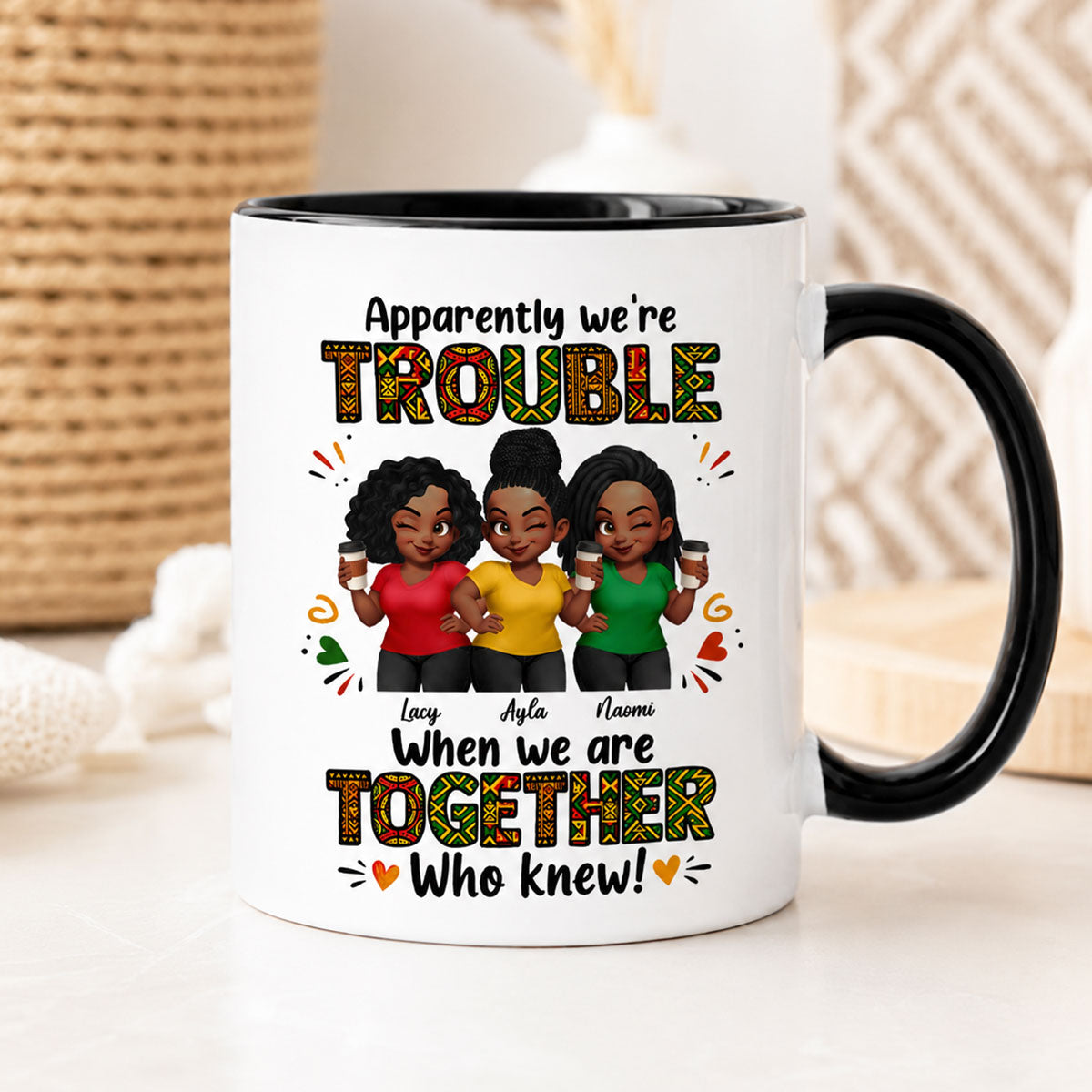 Tribal Pattern Besties Trouble Together - Personalized Mug - Birthday Gift, Gift For Best Friends