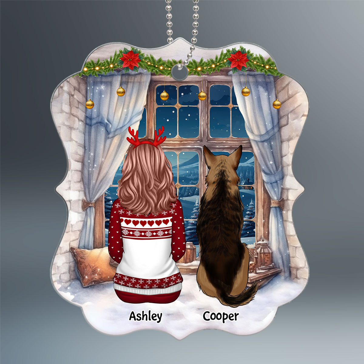 Girl & Dog Cat Sitting At Christmas Window Personalized Acrylic Ornament