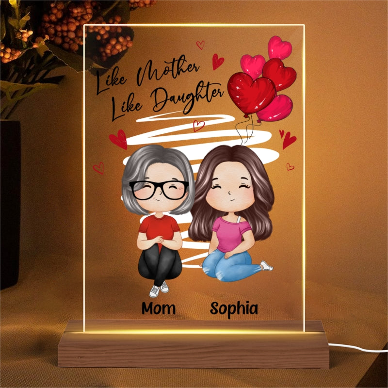 Red Hearts Like Mother Like Daughters Watercolor Style Women Sitting Gift For Mom Daughters Personalized Rectangle Acrylic Plaque LED Night Light