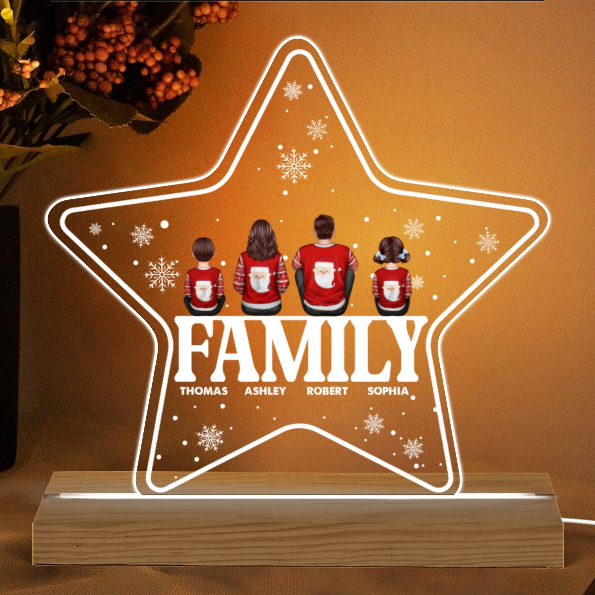 Family Sitting Back View On Text Christmas Personalized Acrylic Custom Shape LED Night Light