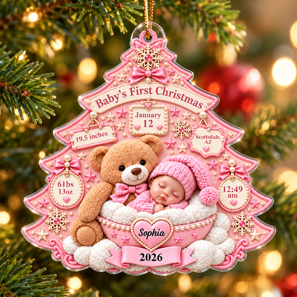 Baby's First Christmas Teddy Bear Tree - Personalized Acrylic Ornament – Custom Newborn Birth Stats Keepsake, First Christmas Gift for Baby Boy & Girl