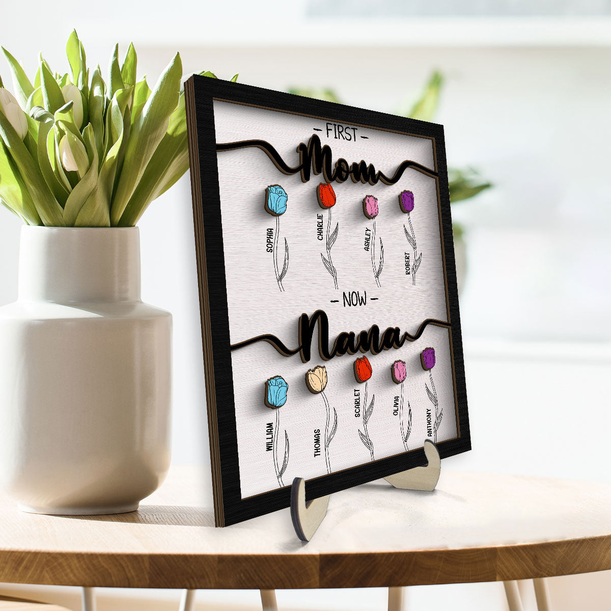 First Mom Now Grandma Tulip Flowers Personalized 2-Layer Wooden Plaque, Birthday Gift, Anniversary GiftFor Grandma