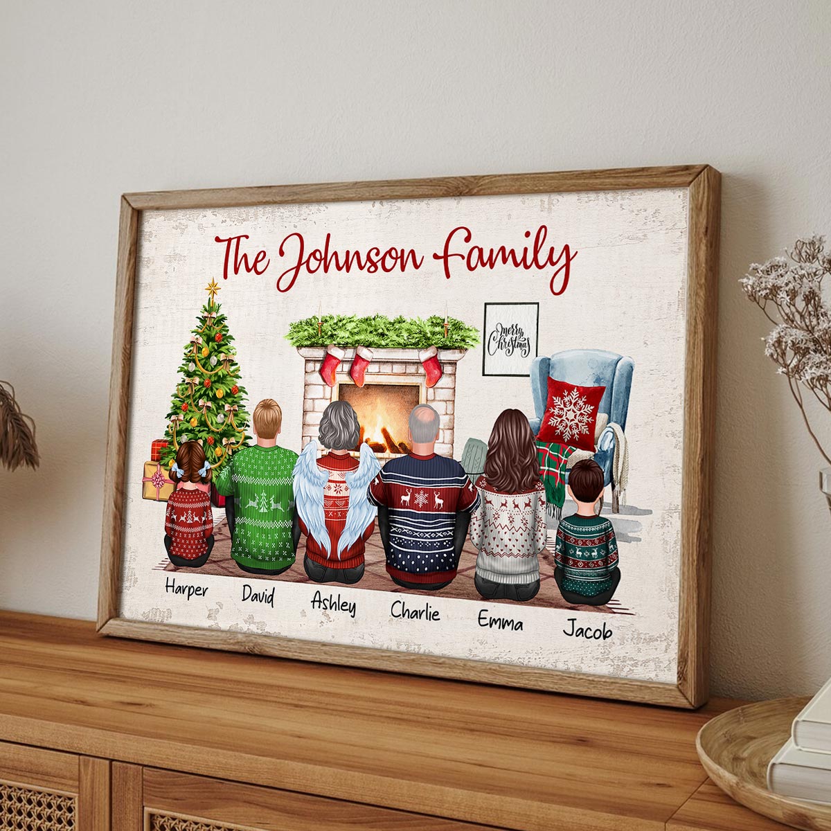 Christmas Family Back View Sitting Together At Fireplace Personalized Poster