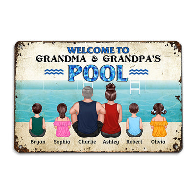 Welcome To Grandparents Pool Back View Grandpa Grandma Sitting With Grandkids Personalized Metal Sign