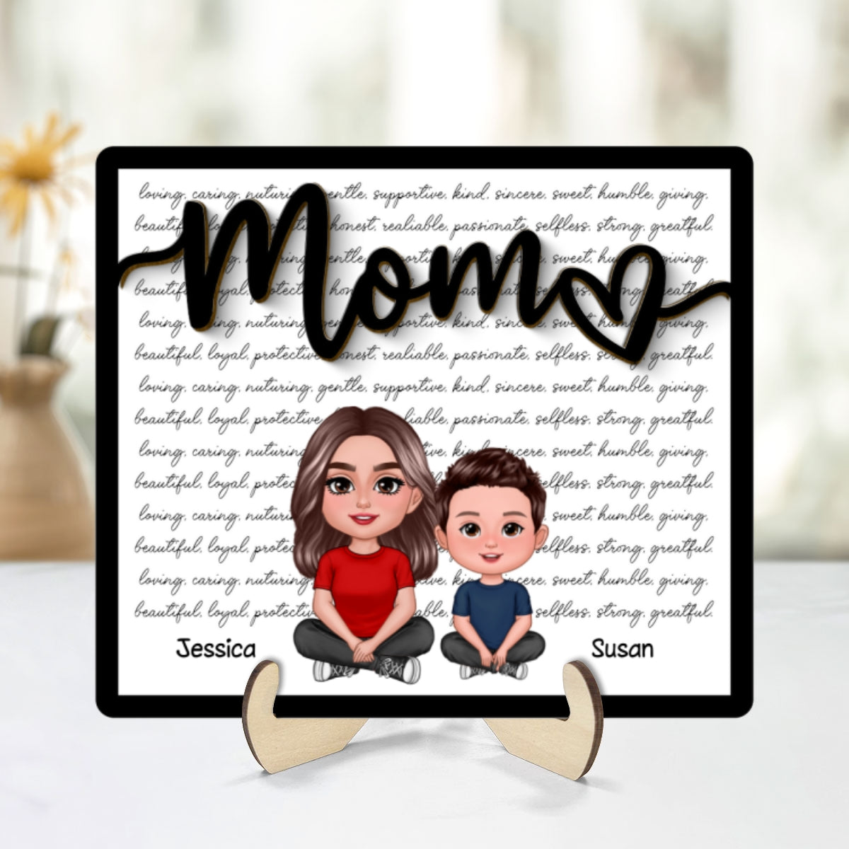 Grandma Mom Kids Crossed Legs Characters Personalized 2-layer Wooden Plaque, Gift For Mom, For Grandma
