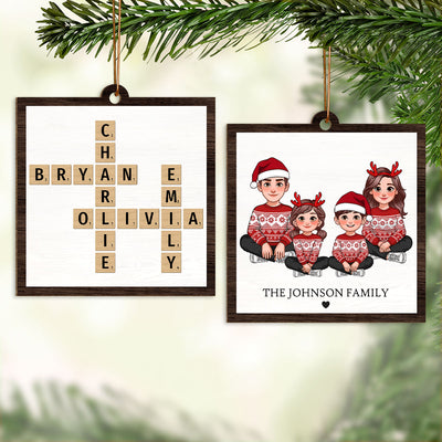Animated Family Crossword Puzzle Art Personalized Double Sided Wooden Ornament