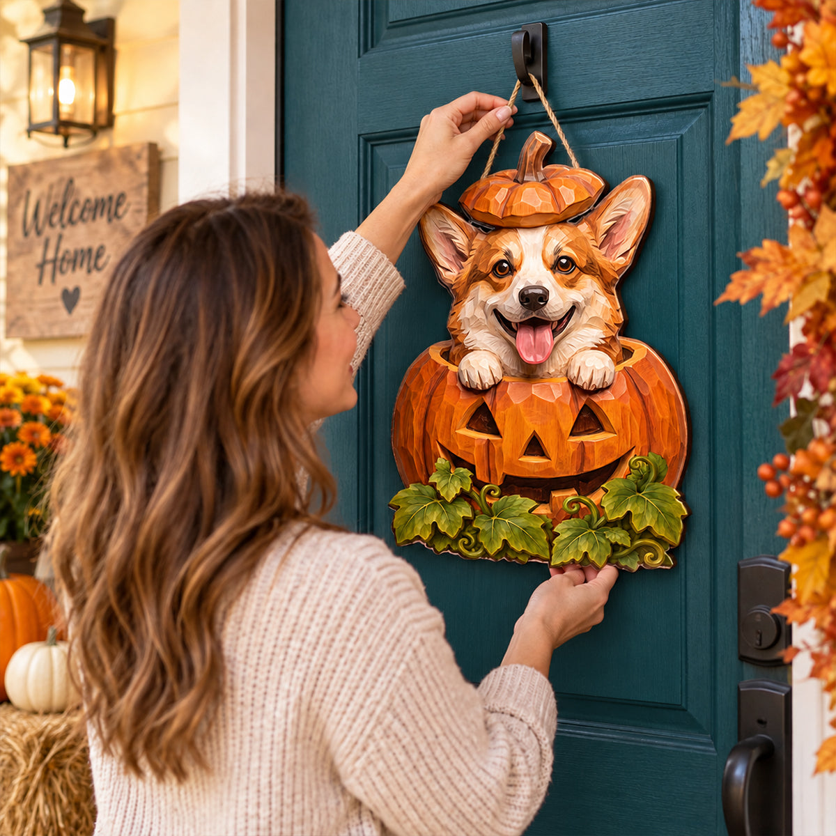 Custom Dog Cat Pumpkin Art - Personalized Wooden Door Sign - Pet Halloween Fall Decor