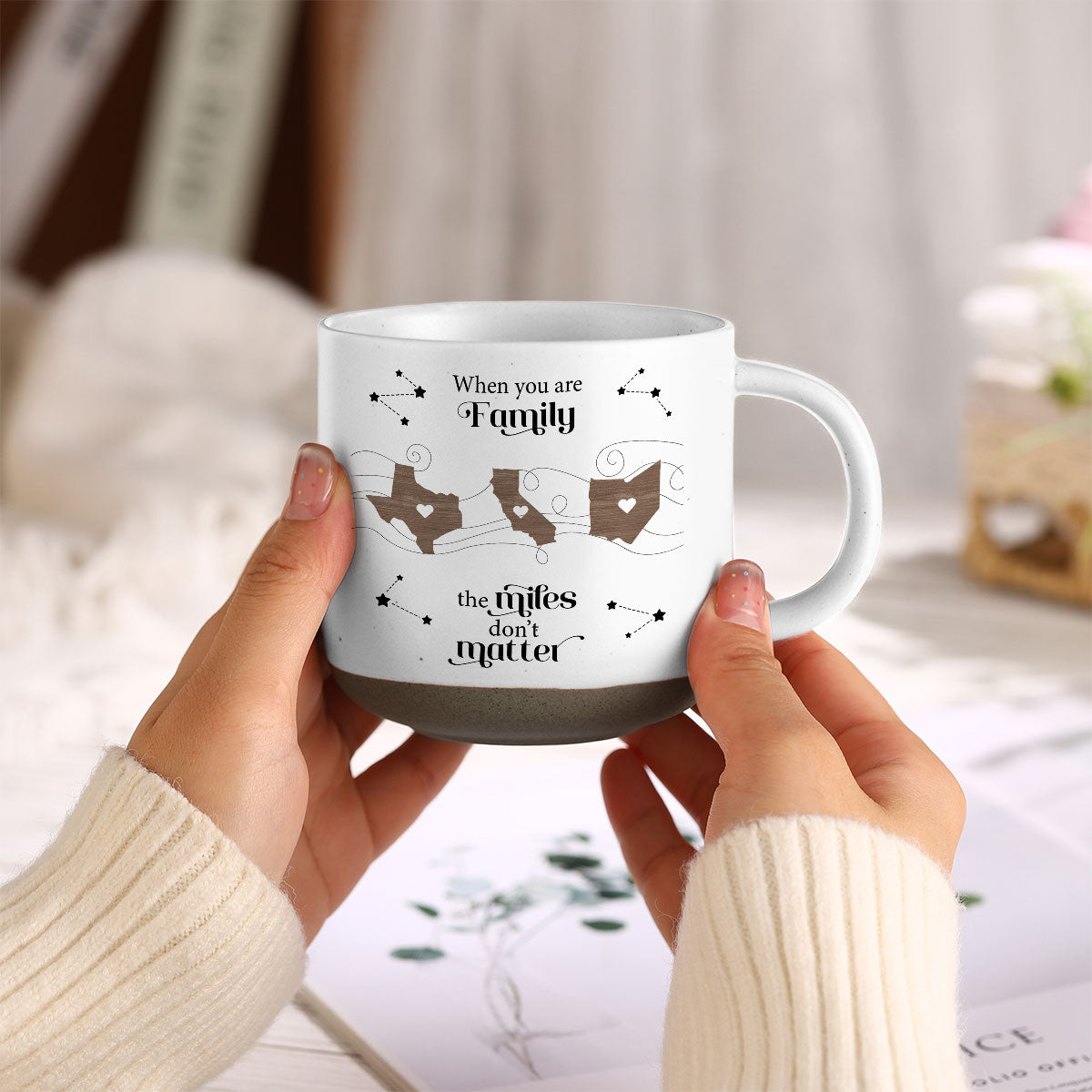 Long Distance Family Friends Siblings Sisters Besties Personalized Pottery Mug, Togetherness Christmas Gift