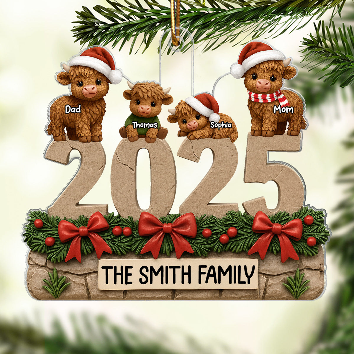 3D Effect Christmas Highland Cows Family Dad Mom Kids - Personalized Acrylic Ornament - Gift For Family