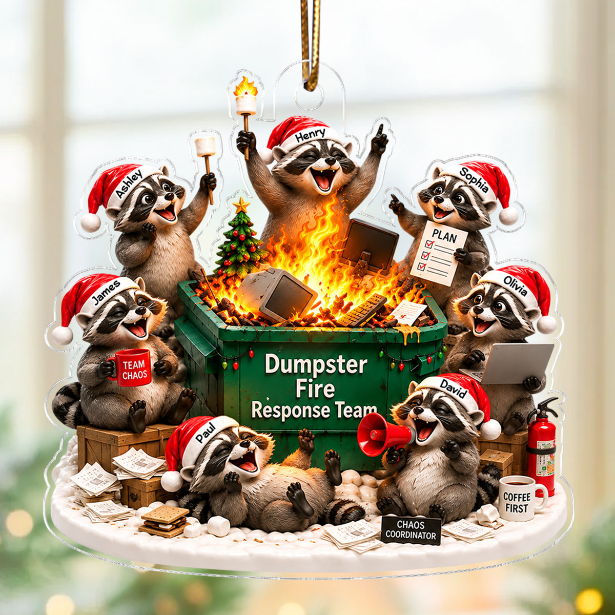 Dumpster Fire Response Team Funny Raccoons - Personalized Acrylic Ornament - Funny Christmas Gift For Colleagues, Coworkers, Boss