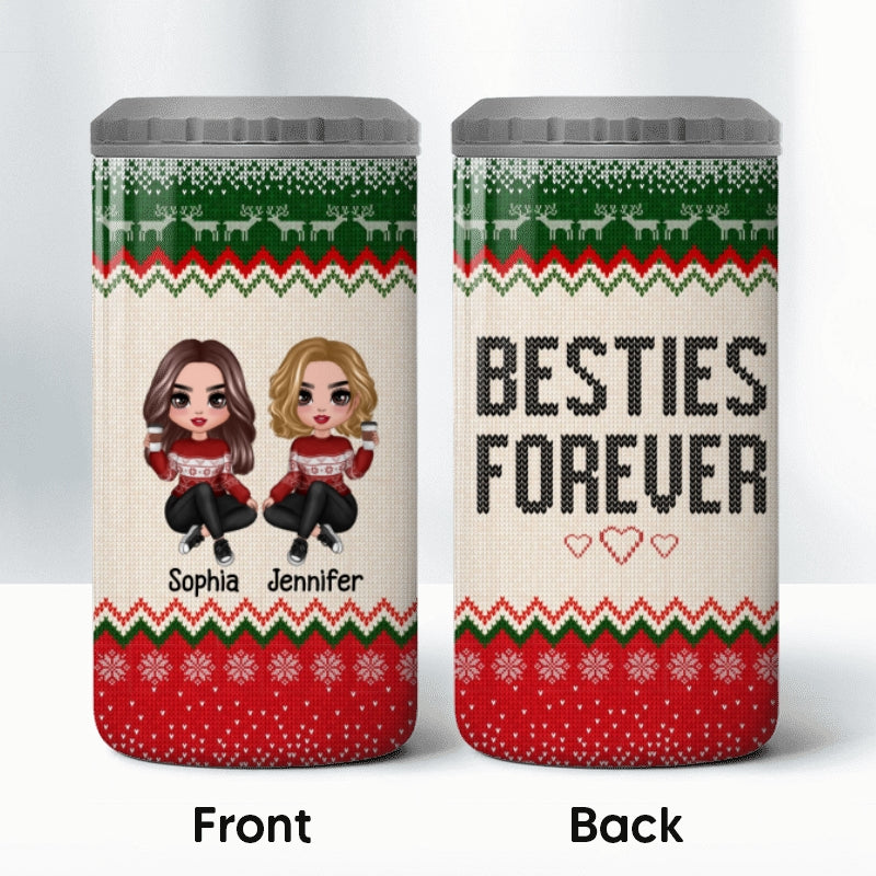 Besties Sisters Christmas Ugly Sweater Pattern Personalized 4 In 1 Can Cooler