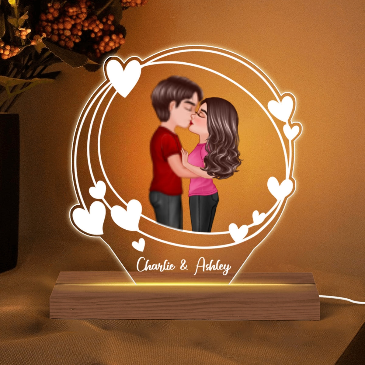 Hearts Layers Doll Couple Kissing Personalized Custom Shape Acrylic Plaque LED Lamp Night Light