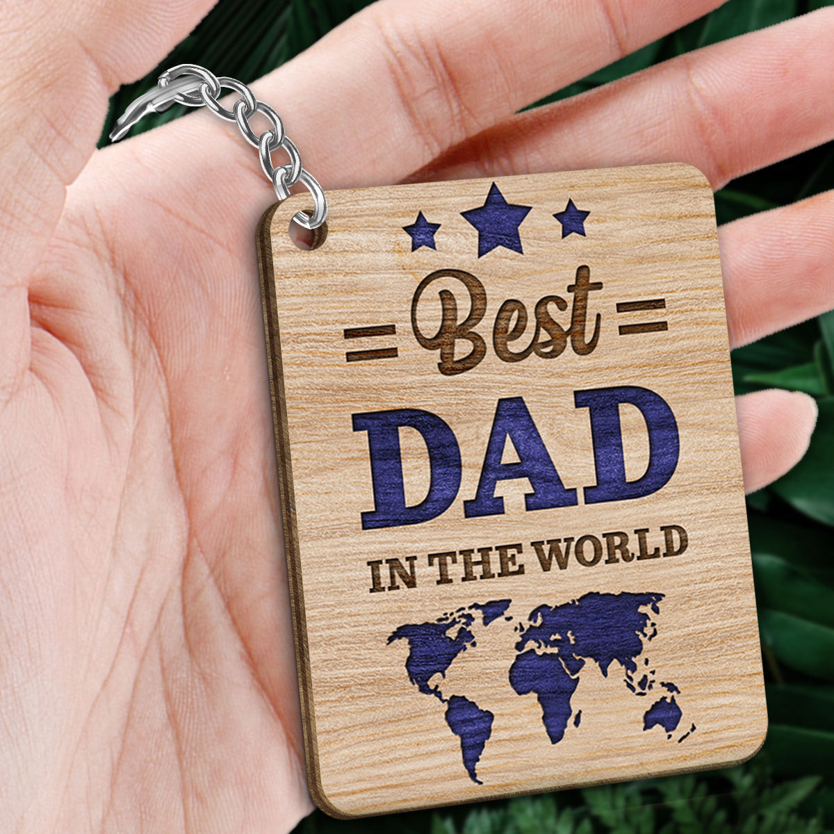 Best Dad In The World Dad And Kids Standing Front View Personalized Wooden Keychain