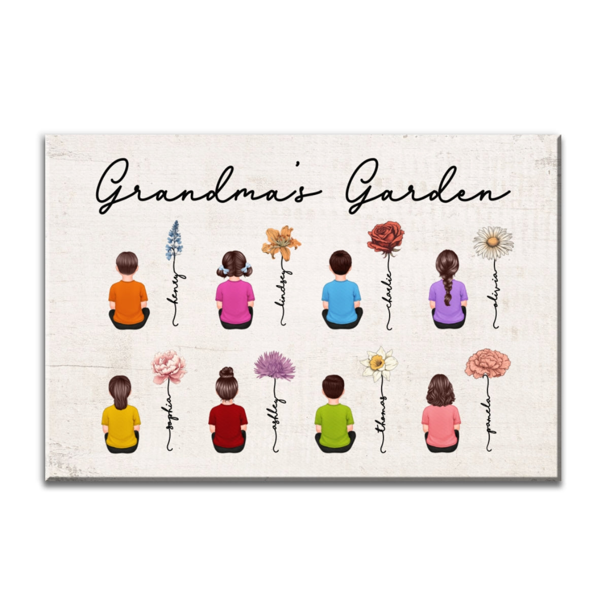 Grandkids Sitting Grandma Garden Vintage Birth Month Flowers Mother‘s Day Gift Personalized Canvas