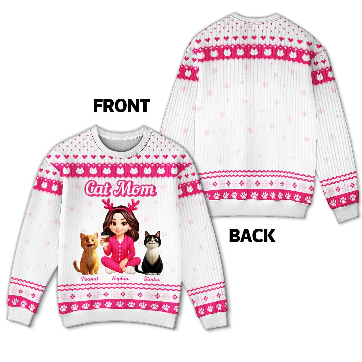 Christmas Pink Tone Cat Mom Faux Knitting Personalized Ugly Sweater