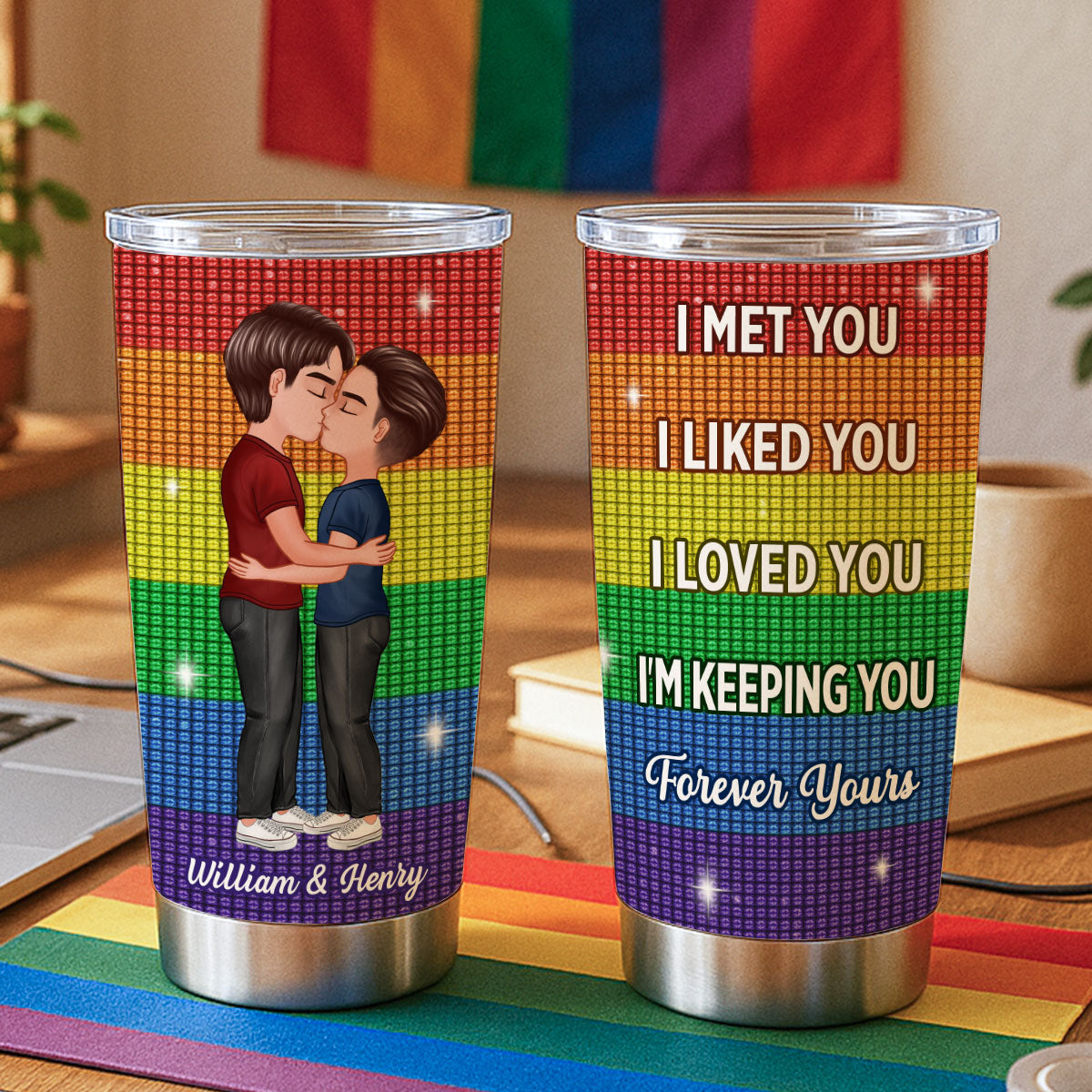 LGBT Couple Kissing I Met You I Love You Pride Month Personalized Tumbler (Not Real Rhinestones)