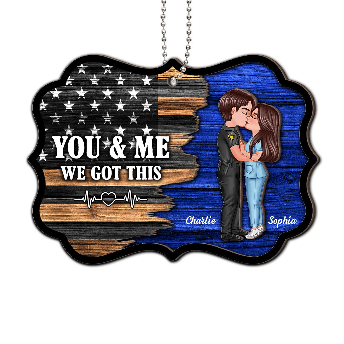 Hero Couple Kissing Half Flag Christmas Decor Gift Personalized 2-Layer Wooden Ornament