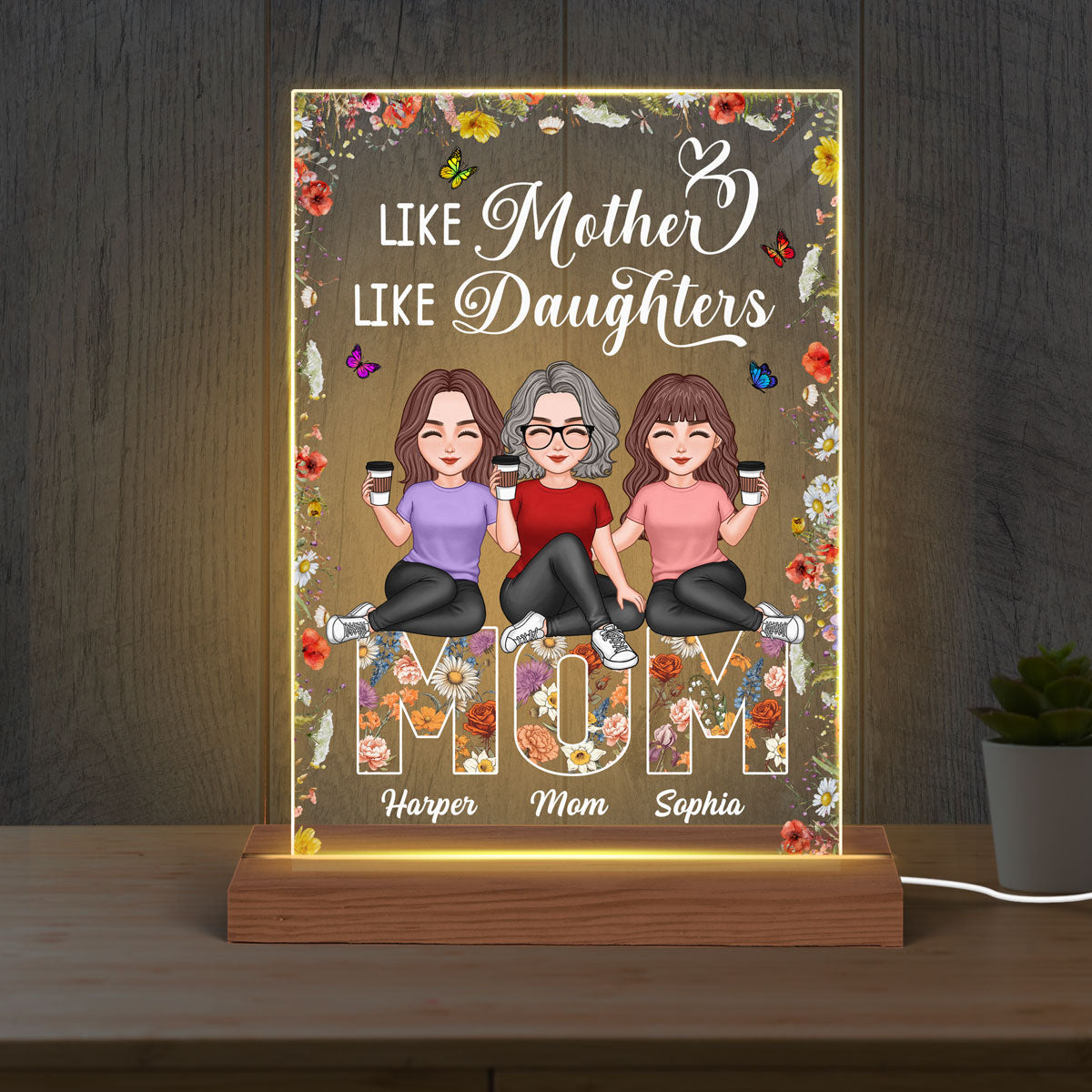 Like Mother Like Daughters Vintage Flowers Word Personalized Rectangle Acrylic Plaque LED Night Light