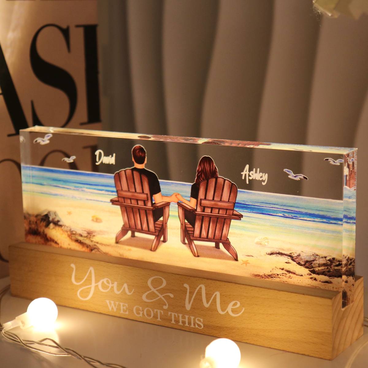 Couple Sitting At Beach Retro Personalized LED Night Light, Anniversary Gift For Couple, Gift For Husband, Wife, Dad, Mom