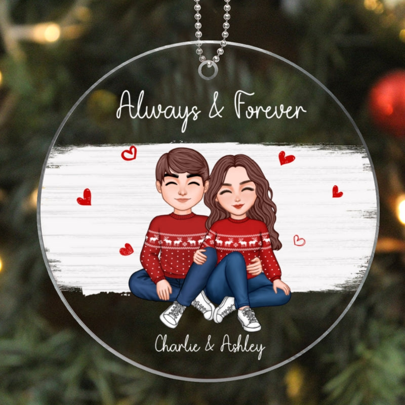 Watercolor Christmas Cute Couple Sitting Hugging Personalized Acrylic Ornament