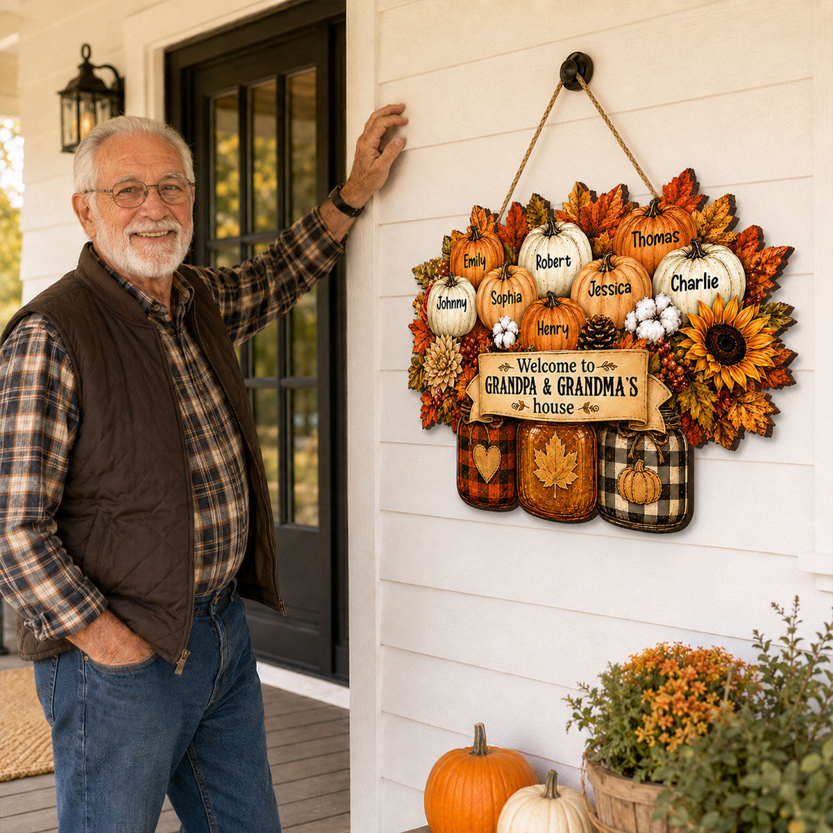 Cozy Warm Fall Season Mason Jars Pumpkins Welcome To Grandma Grandpa House - Personalized Wood Sign - Fall Decoration For Grandparents