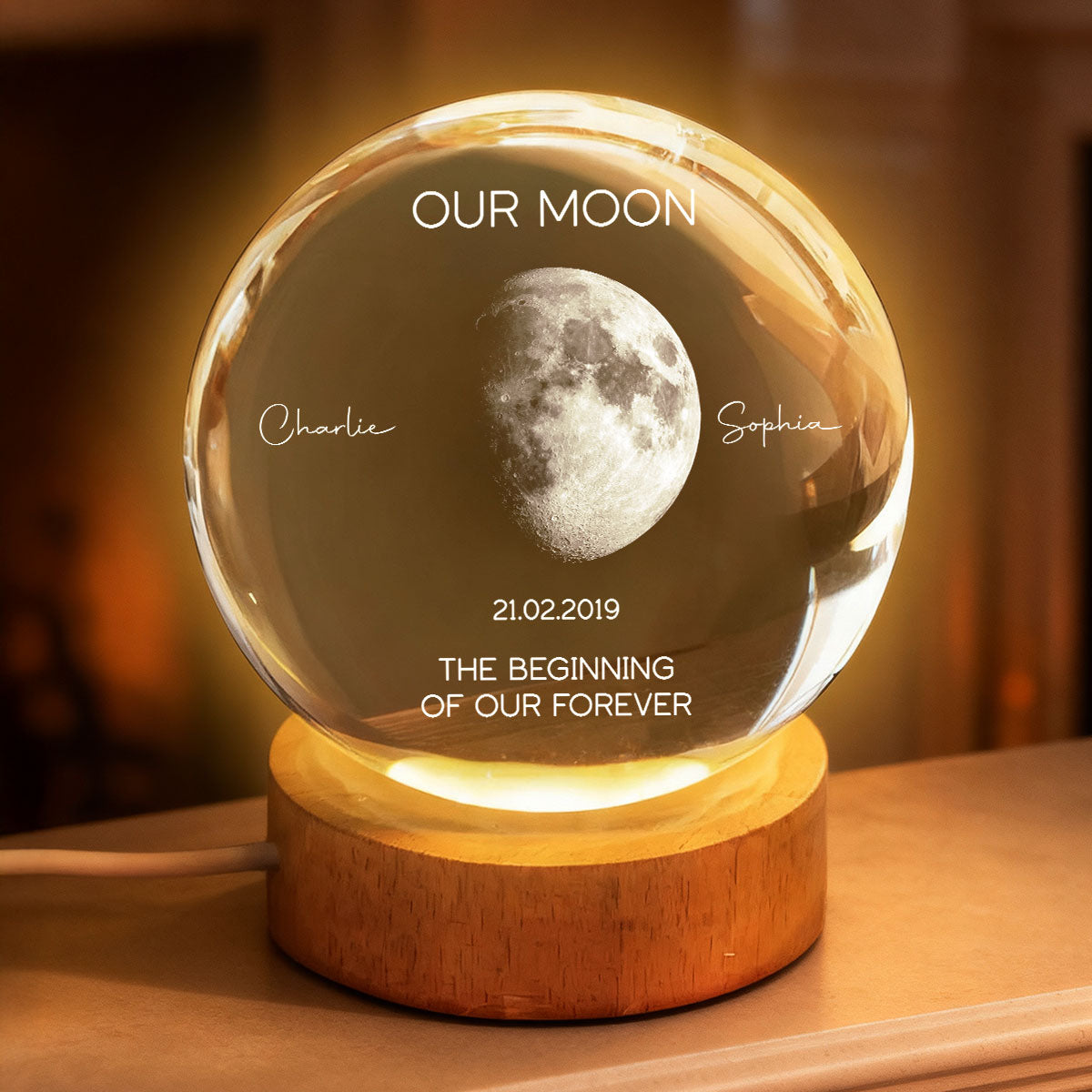 Our Moon the Night We Got Married - Personalized Crystal Ball Night Light - Heartfelt Anniversary Gift for her, for him