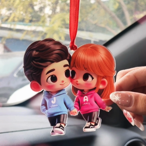 3D Effect Cute Cartoon Couple Holding Hands - Personalized Acrylic Car Hanger - Unique Valentine's Day Gift For Him, Gift For Her