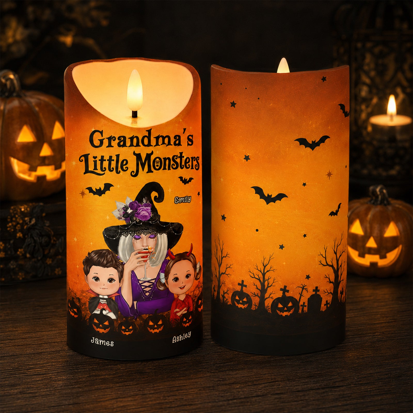 Grandma's Boo Crew Grandma Witch & Kids - Personalized LED Candle - Perfect Halloween Decor for Grandma