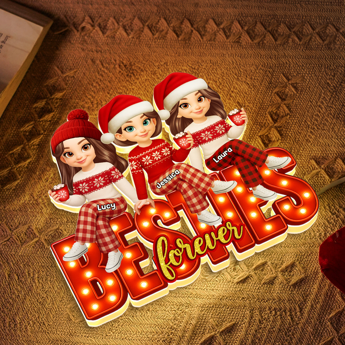 3D Effect Christmas Besties Forever - Personalized Light Box - Christmas Gift For Best Friends