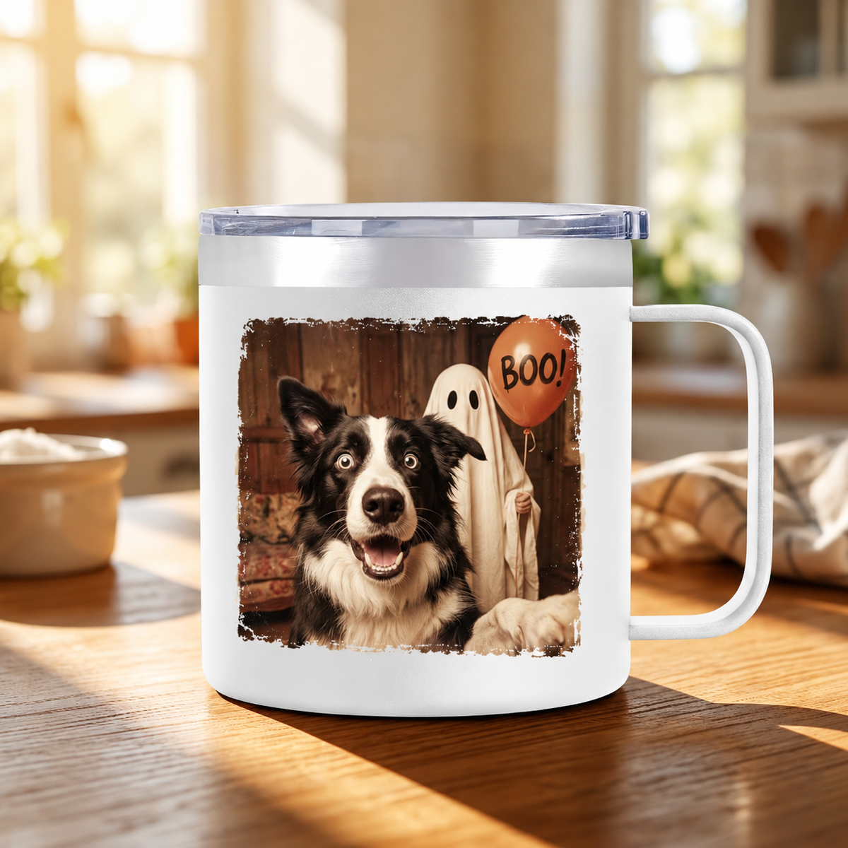 Custom Dog Cat Photo Halloween - Personalized Stainless Steel Tumbler With Handle - Trendy Vintage Spooky Tee for Pet Moms