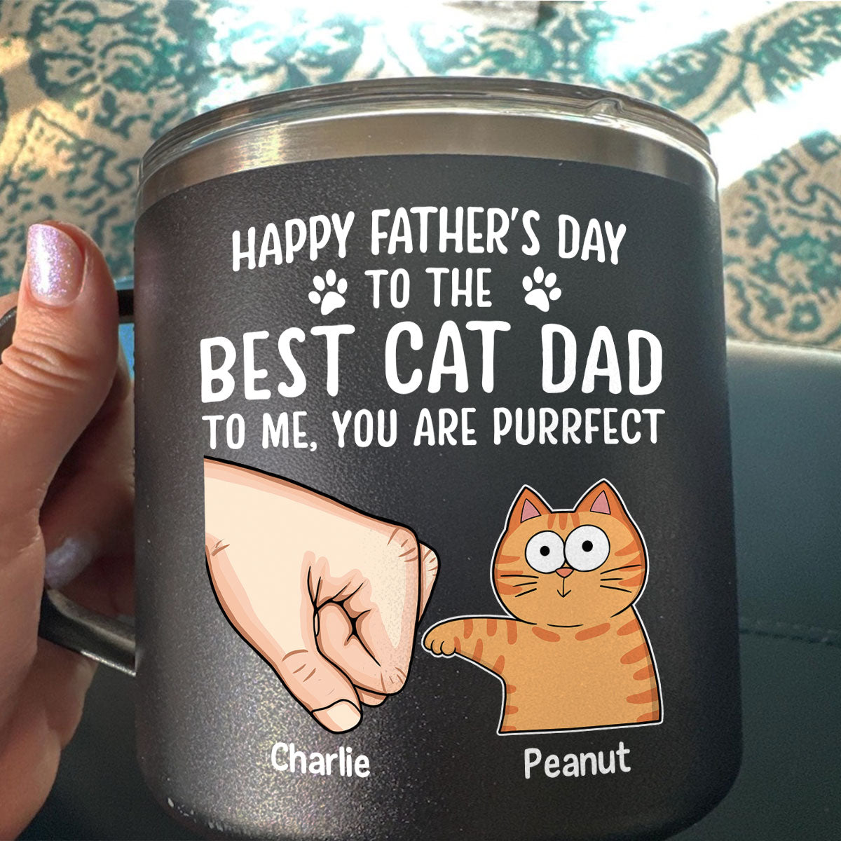 Happy Father‘s Day Fist Bump Funny Cute Cats Personalized Stainless Steel Tumbler With Handle, Gift For Cat Dad