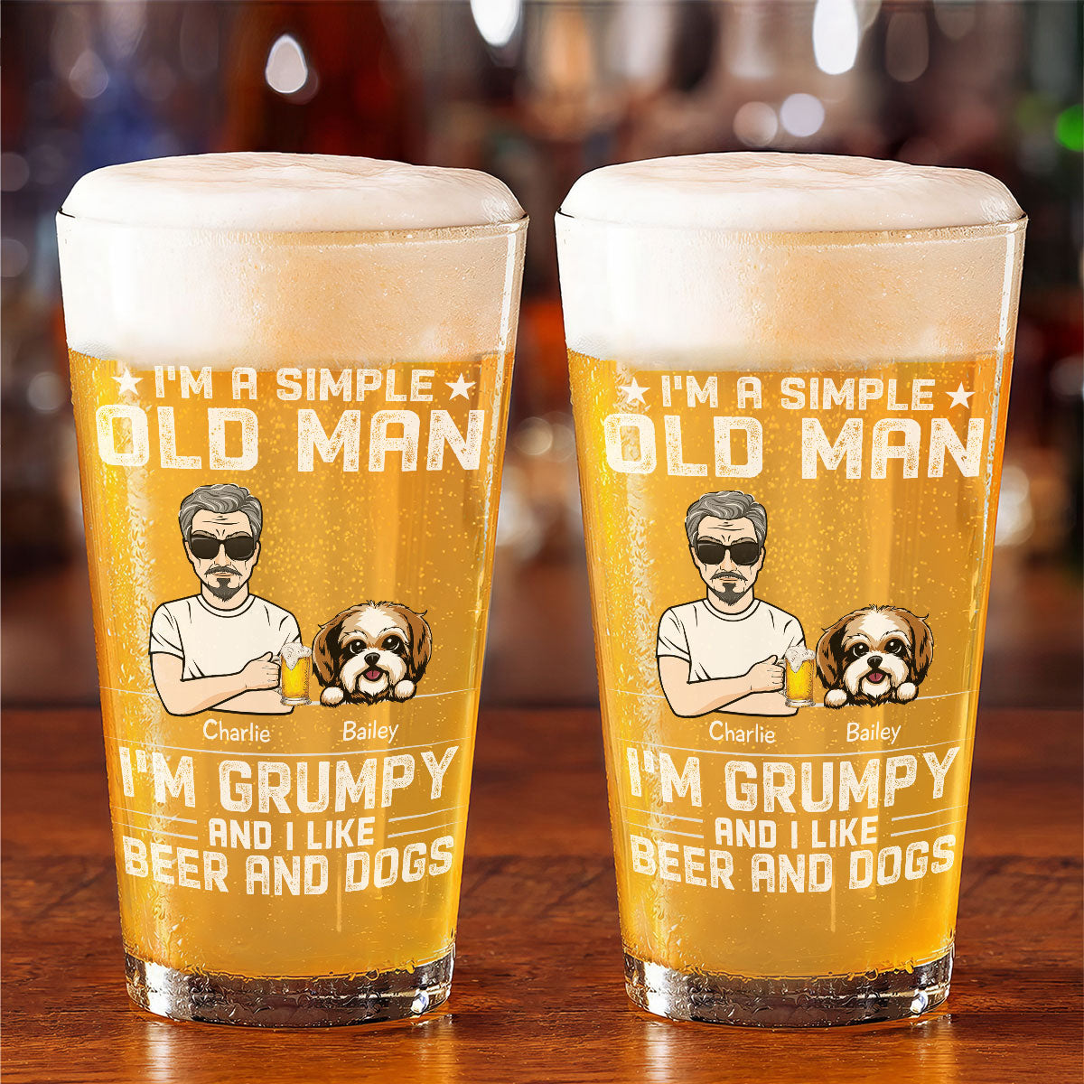 Simple Old Man Grumpy Like Dogs & Beer Dog Lover Beer Lover Gift Personalized Beer Glass