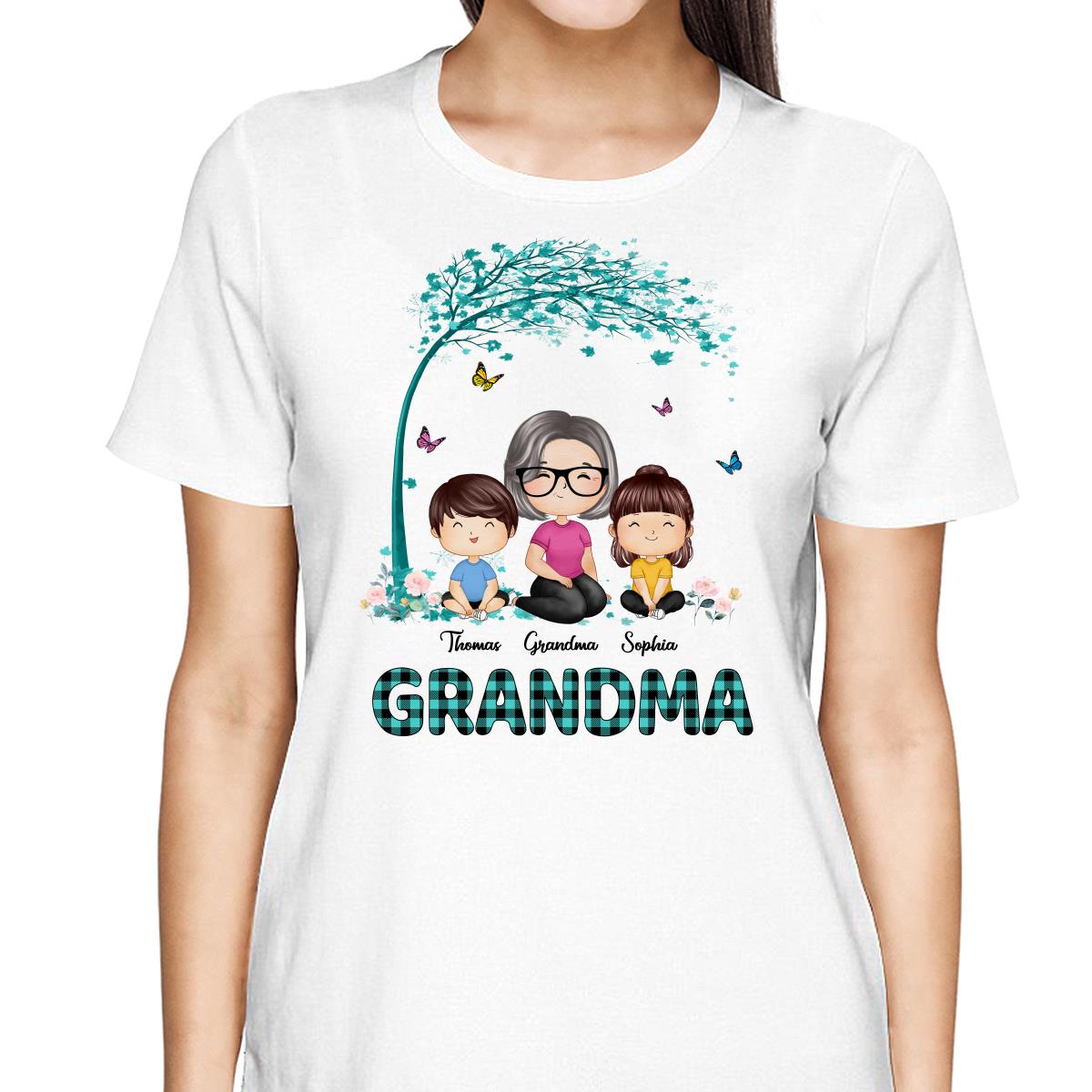 Teal Buffalo Plaid Pattern Doll Grandma Grandkids Watercolor Style Personalized Shirt