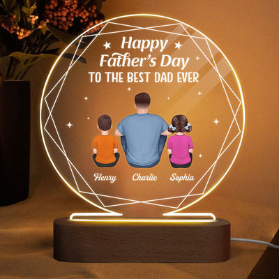 Hexagon Frame Best Dad Ever Back View Man Sitting With Kids Dogs Cats Personalized Circle Acrylic Plaque LED Night Light
