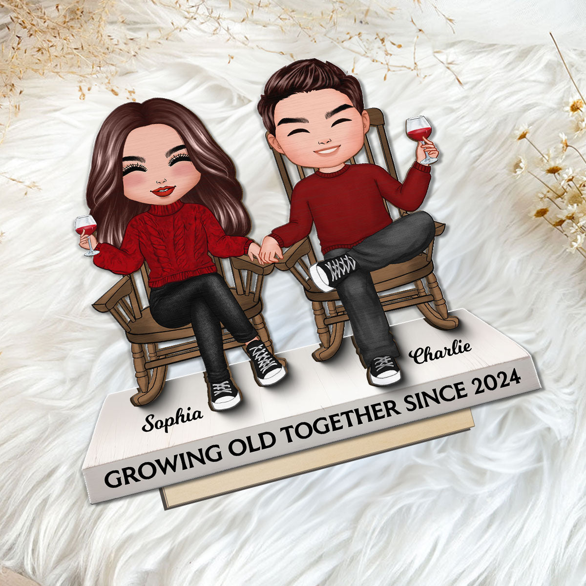 Couple Sitting On Rocking Chairs Personalized 2-Layer Standing Wooden Plaque, Heartfelt Gift For Couple, For Him, For Her, Husband, Wife