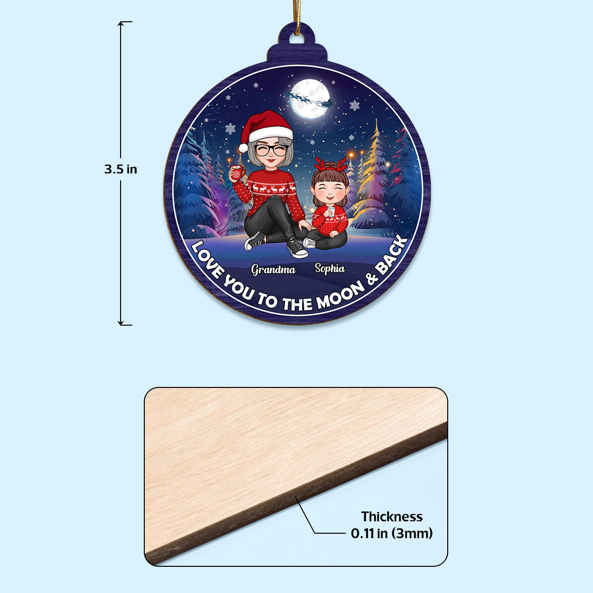 Cute Grandma Grandkids Christmas Moon Night Colorful Tree Personalized Wooden Ornament