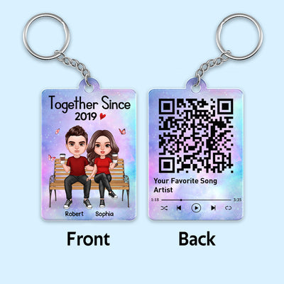 Realistic Doll Couple Sitting On Chair Favorite Song QR Code Personalized Acrylic Keychain